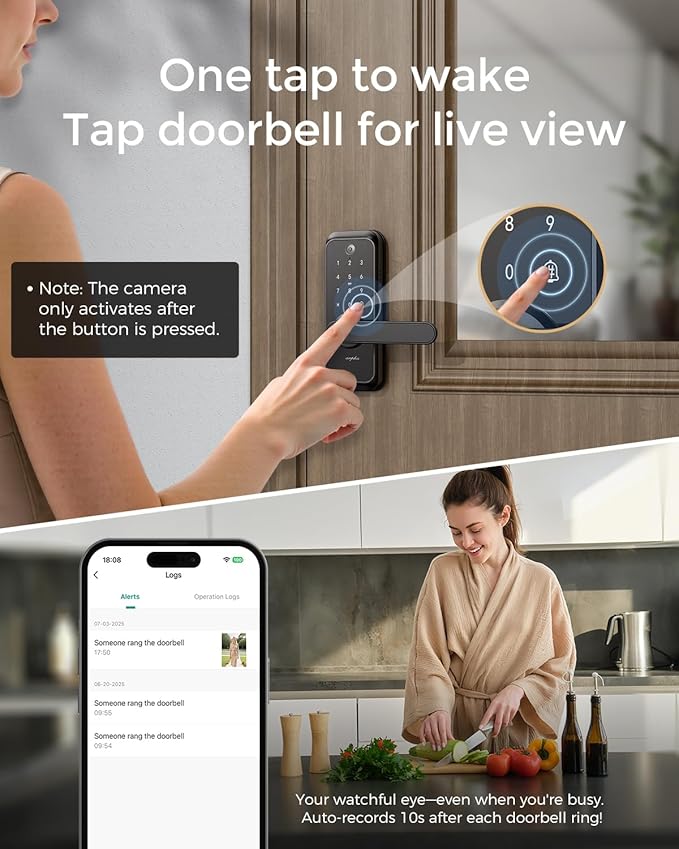 WiFi Video Smart Lock with Camera & Handle - 6-in-1 Keyless Entry (Fingerprint/App/Keypad/FOB/Key/Camera), Built-in WiFi, 2-Way Audio, Auto-Lock, Waterproof - Black