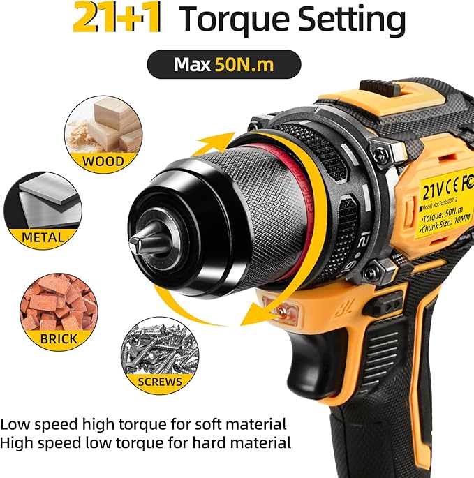 21V Cordless Power Drill/Driver Set, 2 Variable Speeds with LED Light, 3/8" Keyless Chuck, 2 Batteries & Charger, 28-Piece Kit for Home Use(Yellow)
