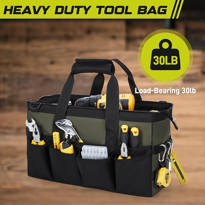 Tool Bag 16-Inch, 15 Pockets Heavy Duty Empty Tool Storage Organization, Soft Handle Carrying Toolbag,Toolbox Organization Tool Bags for Men,Army Green & Black