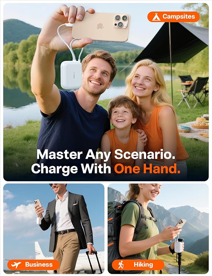 TORRAS 10000mah 45W Power Bank Portable Charger Fast Charging [Ultra Compact] Built in Cable USB C, Travel Essentials Phone Battery Pack Powerbank for iPhone 16 15, Samsung Google Moto etc