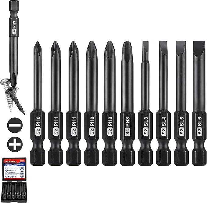 WORKPRO 10pcs Slotted Phillips Screwdriver Bit Set, CNC Machined S2 Steel Magnetic Screwdriver Bits Set, 1/4 Inch Hex Shank Driver Bits, 2.3 Inch Long Screwdriver Bits Set with Storage Box
