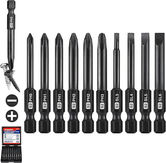 WORKPRO 10pcs Slotted Phillips Screwdriver Bit Set, CNC Machined S2 Steel Magnetic Screwdriver Bits Set, 1/4 Inch Hex Shank Driver Bits, 2.3 Inch Long Screwdriver Bits Set with Storage Box