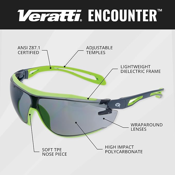 Veratti Encounter Safety Glasses, Anti-Fog Gray Lens, ANSI Z87.1 Certified, Dielectric Gray/Green Frame, Impact Resistant