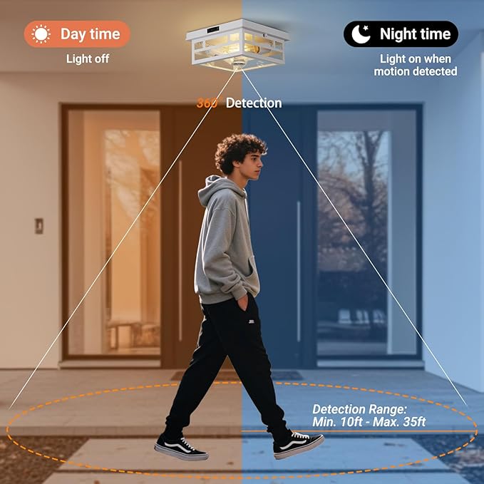 Outdoor Flush Mount Motion Sensor White Ceiling Light - Timeless Industrial Design with Seeded Clear Glass for Your Porch, Driveway, Covered Patio, Farmhouse, and Entryway