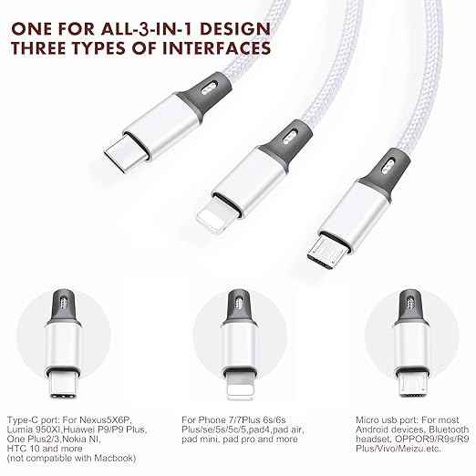 Multi USB Charging Cable 3A, (2Pack 6.6FT)3 in 1 Fast Charger Cord Connector with Dual Phone/Type C/Micro USB Port Adapter, Compatible with Tablets Phone 12 11 Pro 8 7 6 Samsung Galaxy(Charging Only)