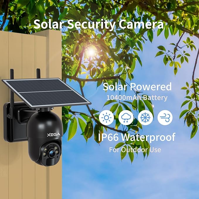 Xega 4G LTE Cellular Security Camera Outdoor Solar Camera Wireless Built-in SIM Card, 2K HD Color Night Vision PTZ 360° View, Smart PIR Motion Detection, 2-Way Talk, No WiFi, IP66