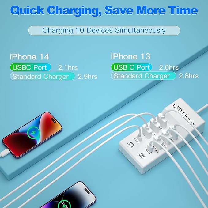 USB C Fast Charger, 10-Port Portable Charging Station, Suitable for Various Devices, Compatible with iPhone, iPad, Samsung, Google, Xiaomi, Huawei and Other USB Charging Devices
