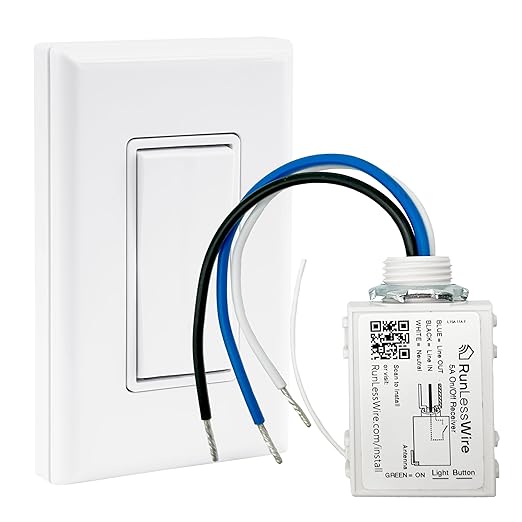 RunLessWire Basic Wireless Light Switch & Receiver Kit with Infinite Battery No WiFi or Batteries Needed 150+ft RF Range DIY Pre-Programmed Remote Control - 1 Receiver, 1 Switch - White