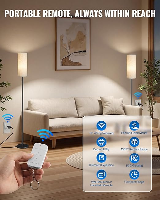 Remote Control Outlet, WILAWELS Wireless Light Switch with Magnetic Base, On Off Remote Outlet Switch for Lights, Lamps, Fan, Appliance, 100ft RF Range, 15A/1875W, One Remote for Two Plugs W09RC1206