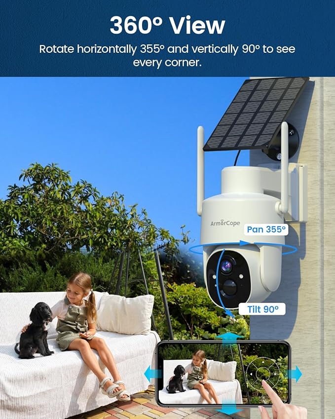 Solar Security Cameras Wireless Outdoor,360° View Battery Powered with Spotlight Color Night Vision,2K WiFi Home Security,PIR Sensor,Wireless Easy Install, 2.4 GHz Wi-Fi