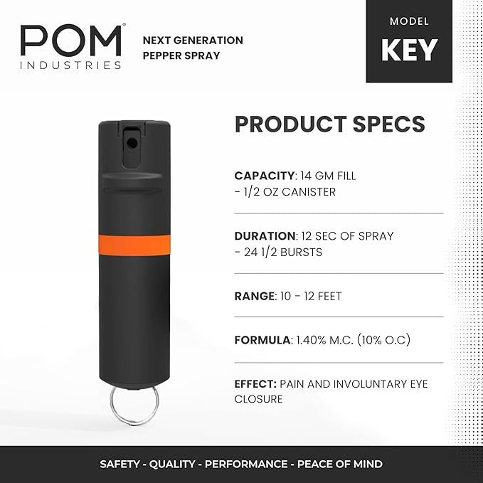POM Pepper Spray Keychain, Quick Key Release for Instant Access, Flip Top Safety, Maximum Strength OC Formula with UV Marking Dye, 25 Bursts, 10 ft Range, 0.5 fl oz