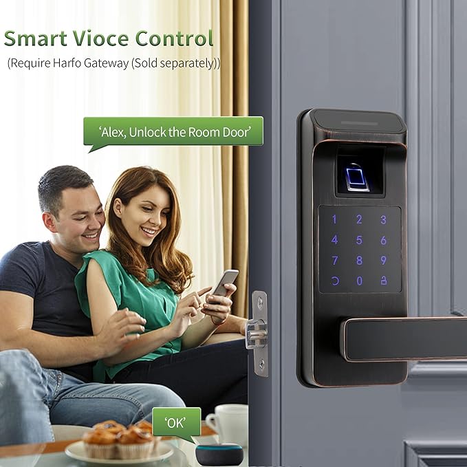 Harfo Smart Door Lock, Heavy Duty 5 in 1 Keyless Entry Door Lock, Full App Control Digital Keypad Lock, Reversible Handle with Fingerprints and Passcodes for Family/Office/Apartment (Aged Bronze)