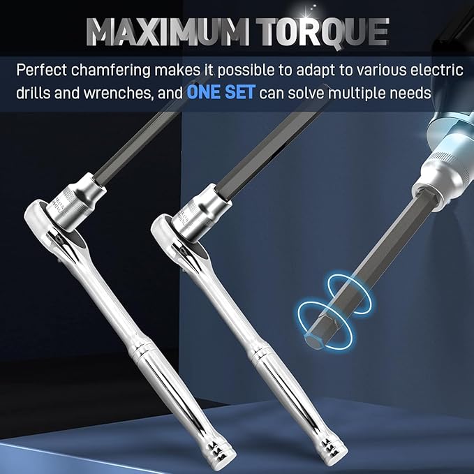 7 Pieces 3/8" Drive Extra Long Allen Wrench Hex Bit Socket Set with Portable Storage Case, Hex Head Metric 3-10mm, Chrome Vanadium Steel & S2 Alloy Steel