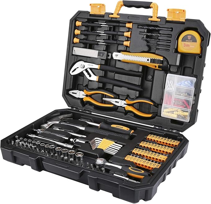 DEKO 196 Piece Tool Set General Household Hand Tool Kit with Rip Claw Hammer,Lineman's Plier, Measure Tape Rule & Plastic Toolbox Storage Case