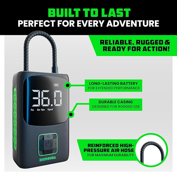 Rhino USA Tire Inflator Portable Air Compressor (150 PSI) Upgraded Air Pump for Car Tires with Digital Pressure Gauge - Best Mini Air Pump for Bike Tires with Dual LCD Screen (Black & Green)