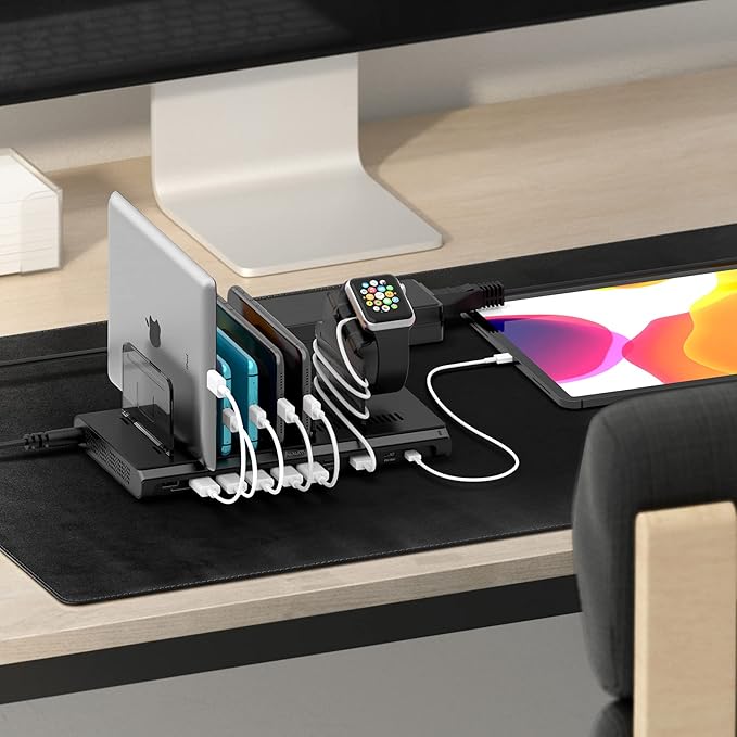 Alxum 96W 10 Port USB Charging Station for Multiple Devices, Multi Charge Station with QC 3.0 Fast Charge and 2 * 18W PD Charging Port for Laptops, Phones, Tablets, and More