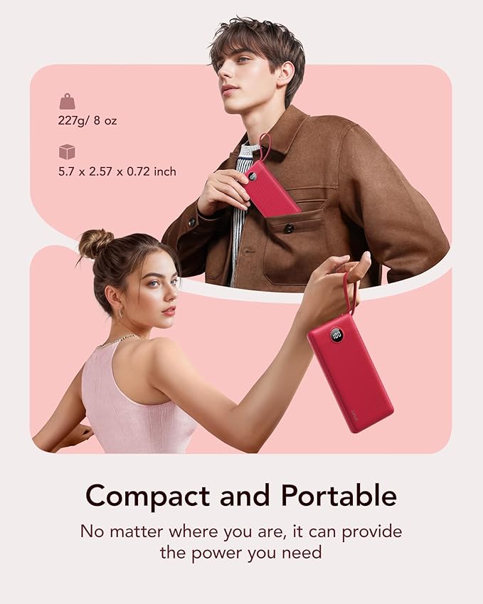 VRURC Portable Charger, 10000mAh Power Bank Built in Cables for iPhone, Slim Compact Travel Essentail, 5 Outputs 2 Inputs USB C Battery Pack for iPhone 16 15 14 13, Samsung, Android etc-Red