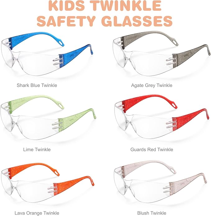 Kids Safety Glasses 24 Pack, Scratch, Impact Resistant Safety Goggles with Clear Lens Assorted Twinkle Color Frame, Eyewear for Lab, Sports,Shooting, Landscaping, Child Youth Size