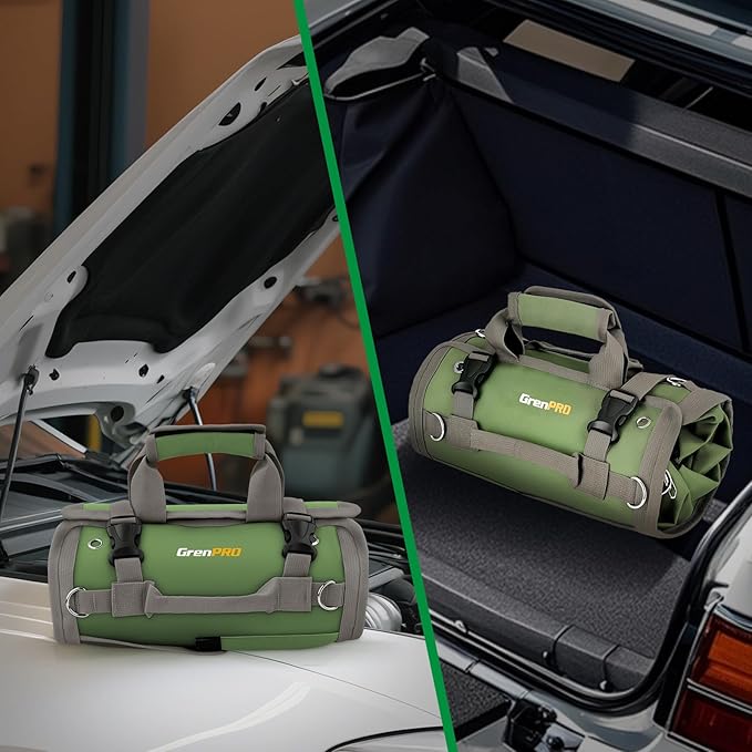 Roll Up Tool Bag With Detachable Pouches, Heavy Duty Organizer With 6 Pockets for Mechanics, Electricians, DIY, Gifts for Dad, Men Birthday Gift, Green