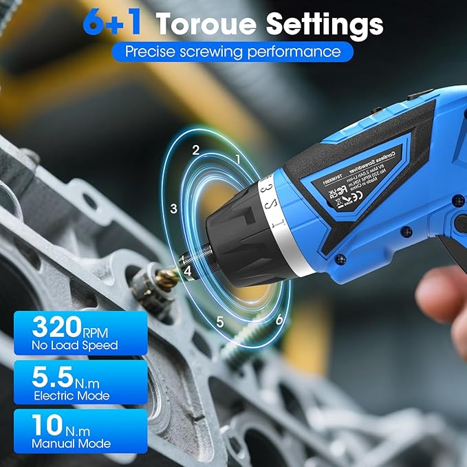 Cordless Screwdriver,8V Electric Screwdriver with 2X 2000mAh Battery,6+1Torque, 10N·m Max Rechargable Power Screwdriver 47pcs Bits, LED Light,Flexible Shaft