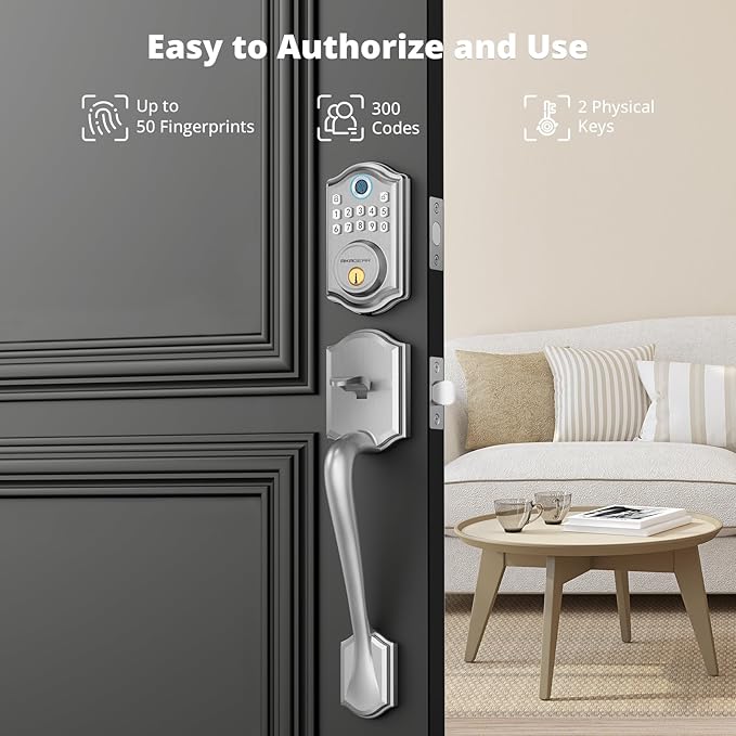 DS10 Keyless Entry Door Locks - Keypad Lock with Handle Set, Fingerprint Deadbolt, Smart Locks for Front Doors, Auto-Lock & One Touch Locking, 2 Keys, Easy Installation