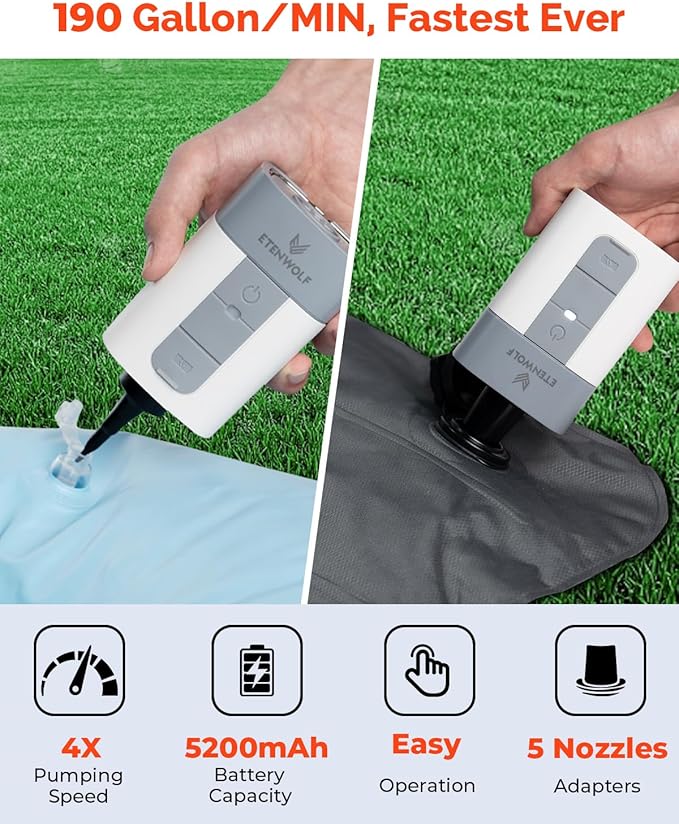 ETENWOLF AIR 5 Air Pump for Inflatables, Portable Electric Air Pump with 5200 mAh Battery, 4X Quick Inflator & Deflator, 4.5 kPa & 720 L/min Pump for Pool Floats, Vacuum Storage Bags