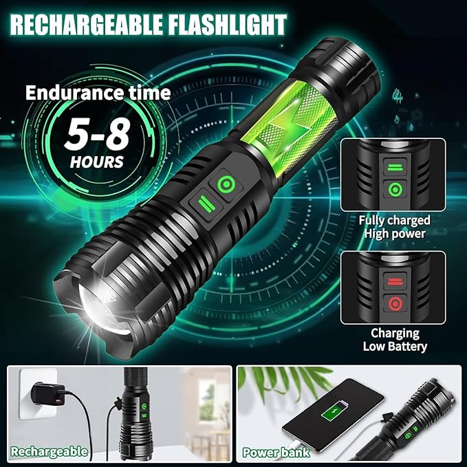 2Pack Rechargeable Flashlights, 100000 High Lumens Super Bright Led Tactical Flashlight with 5 Modes, High Power Waterproof Dual Button/Dual interfaceFlashlight for Emergency, Outdoor, Camping