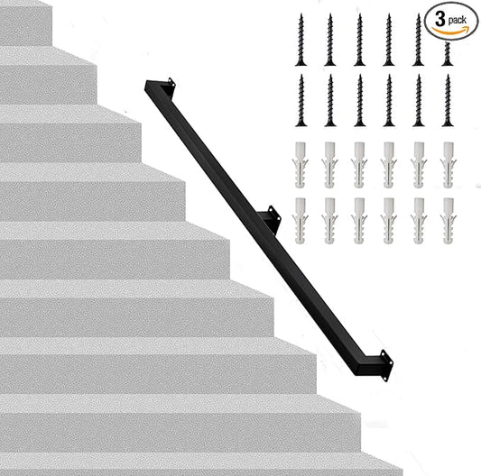 6FT Square Stair Railing Indoor, Black Wall Mount Handrail for Staircase, 440lbs Load Capacity Non-Slip Metal Handrail, Heavy-Duty Carbon Steel Grab Bar for Steps and Porch