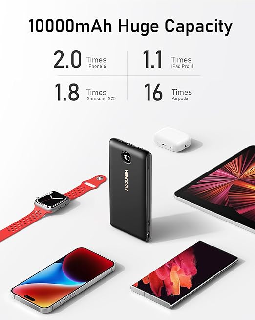 Portable Charger Power Bank Built in Cables and Wall Plug, 10000mAh iPhone Battery Pack Fast Charging, USB C External Slim Power Bank, Travel Essentials Compatible with iPhone 16 15 14 13 iPad, Black