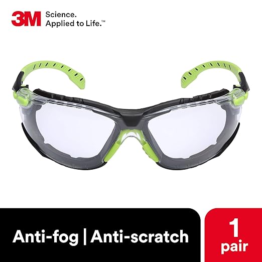 3M Safety Glasses, Solus 1000 Series, ANSI Z87, Scotchgard Anti-Fog, Clear Lens, Green/Black Frame, Removable Foam Gasket and Strap