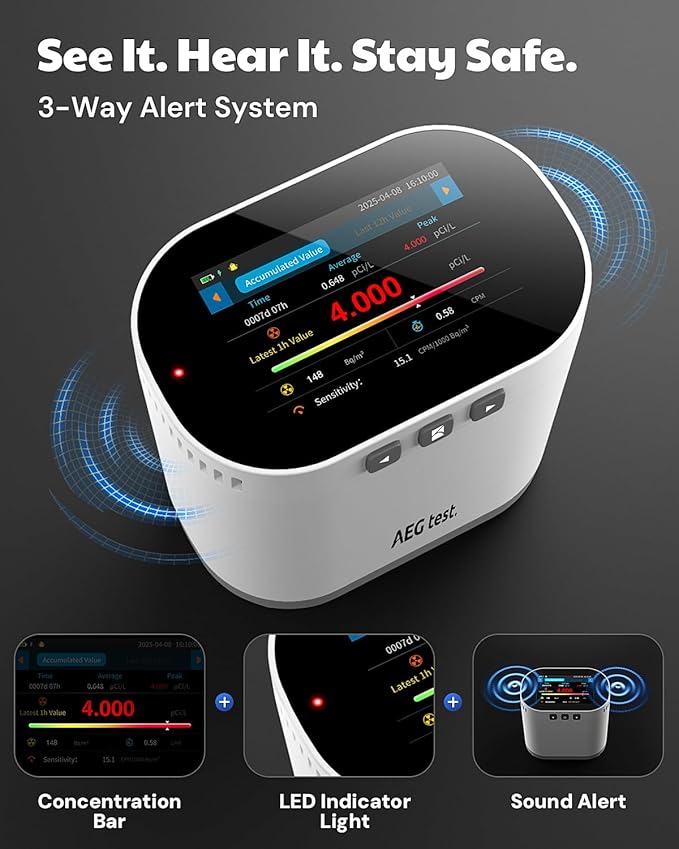 HOUND-3786 Home Radon Monitor, Long-Term Logging & Data Charts, 10-Min Refresh, Rechargeable, 3.5" Display, Sound & Light Alarm, PDF Report, pCi/L & Bq/m³ - White