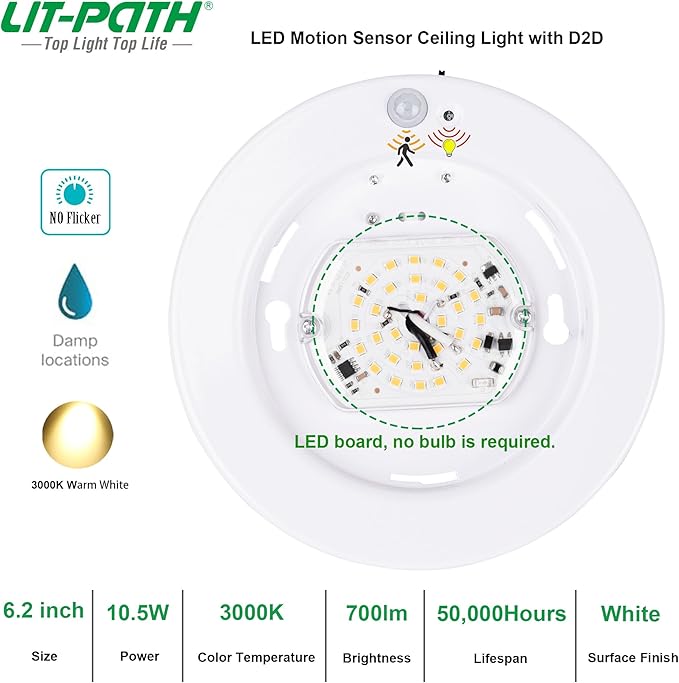 LIT-PaTH LED Flush Mount Ceiling Light, Closet Lighting Fixture with Motion Sensor and Dusk to Dawn, 10.5W, 800 Lumen, 6.2 Inch, Anti-Rust Galvanized Housing, White Finish 3000K 2-Pack