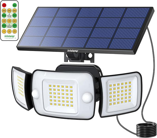 intelamp Solar Lights Outdoor, 3 Head Solar MotionSensor Lights for Outside, lP65 Waterproof,Separate Panel with 9FT Cable RemoteControl Wall Lights