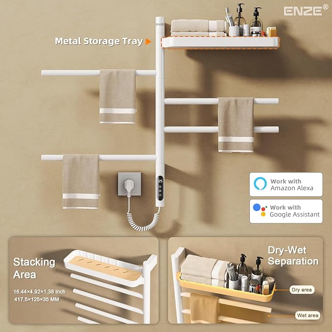 ENZE Smart Rotating Heated Towel Rack for Bathroom, Wall-Mounted Electric Towel Dryer with Swivel Bars & Shelf, Smart Timer, Low Carbon Steel, Plug-in/Hardwired, Towel Warmer with Wi-Fi App Control
