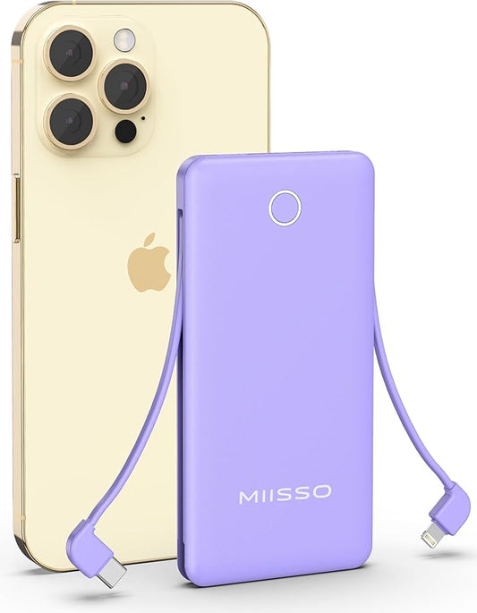 miisso 10000mAh Slim Portable Charger with Built in Cable, Power Bank Travel Charger External Battery Pack for Phone, 4 Output USB Type C Cord Clutch Charger Compatible with iPhone, Purple