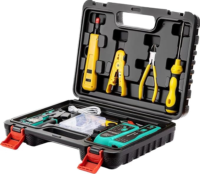 RJ45 Crimp Tool Kit Pass Through, Network Tool Kit, Ethernet Crimper for Cat6 Cat5e Cat5 8P/6P Connectors, Wire Tracker, 110/88 Punchdown Tool, Cat6 Pass Through Connectors, Stripper, Cutter
