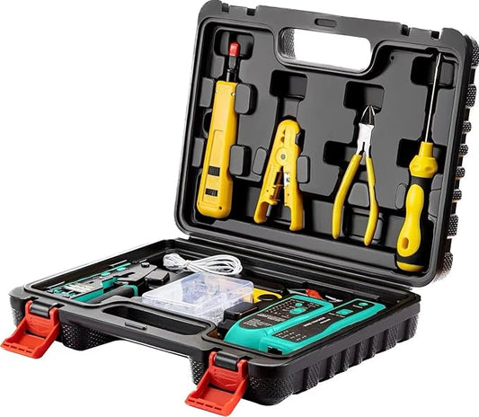 RJ45 Crimp Tool Kit Pass Through, Network Tool Kit, Ethernet Crimper for Cat6 Cat5e Cat5 8P/6P Connectors, Wire Tracker, 110/88 Punchdown Tool, Cat6 Pass Through Connectors, Stripper, Cutter