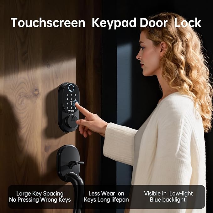 Smart Locks for Front Door: NUTOMO Keyless Entry Door Lock Deadbolt with Handle Set，Fingerprint doorlock Set,Electronic Digital Keypad Lock with Handle, Easy intall Code Auto Lock for Home Black