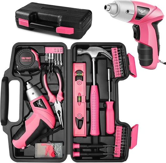 Pink Tool Kit with 3.6V USB Electric Screwdriver, 112 PCS Home Tool Set with Cordless Drill Set, Hand Tool Kits for Women