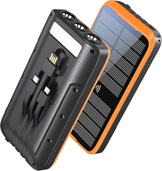 superallure Solar Charger Power Bank,Portable Charger,43800mAh Qc3.0 Fast Charger Qi 10W Wireless Charging Built-in 2 Kinds Output Cable and 680Lumen Bright flashlights