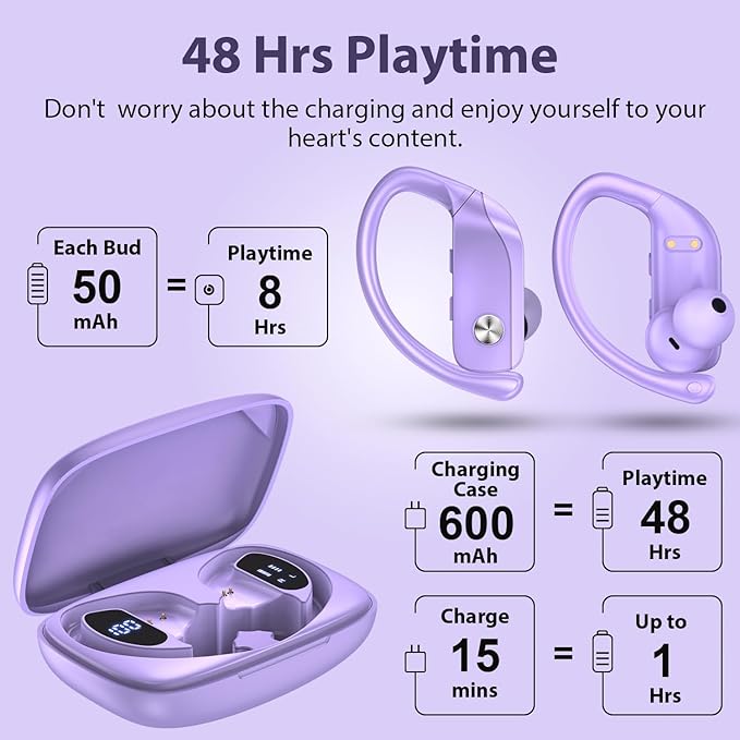 bmanl Wireless Earbuds Bluetooth Headphones 48hrs Play Back Sport Earphones with LED Display Over-Ear Buds with Earhooks Built-in Mic Headset for Workout Purple