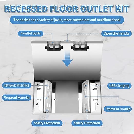 Vagueior Recessed Flat Hidden Floor Electrical Outlet Kit,with 4 * 15A Receptacle+1 * 5V 2.1A USB Charging Ports+2-Port RJ45 Datacom Receptacle，Waterproof Electrical Outlet Covcer Box,Silver