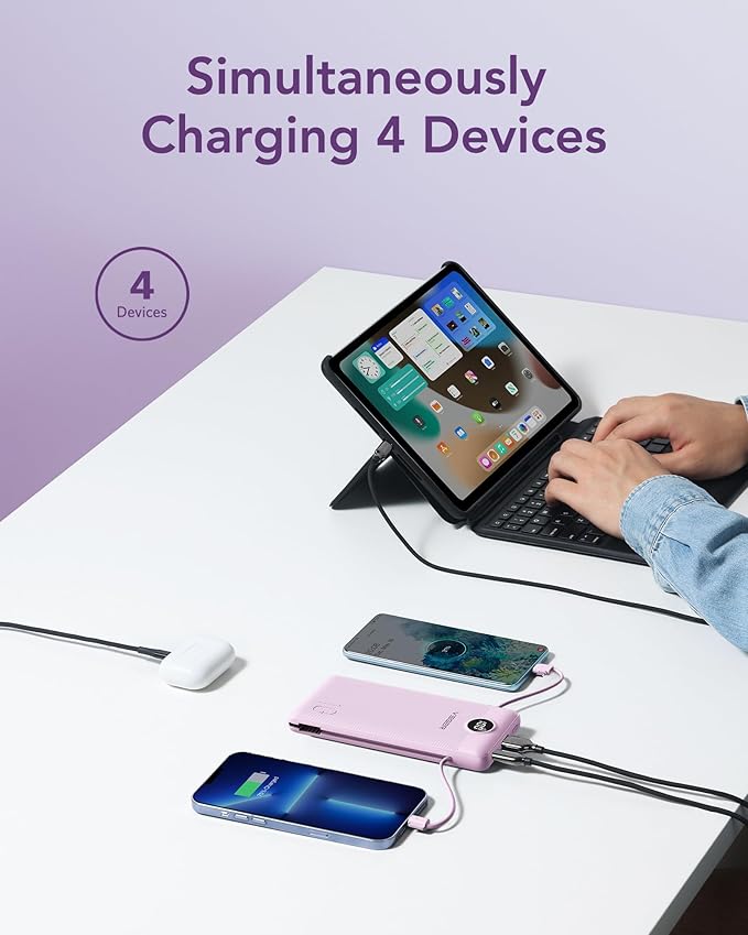 VEGER Portable Charger for iPhone Built in Cables and Wall Plug, 10000mah Slim Fast Charging USB C Power Bank, Travel Essential Battery Pack Compatible with iPhones, iPad, Samsung More Devices(Purple)