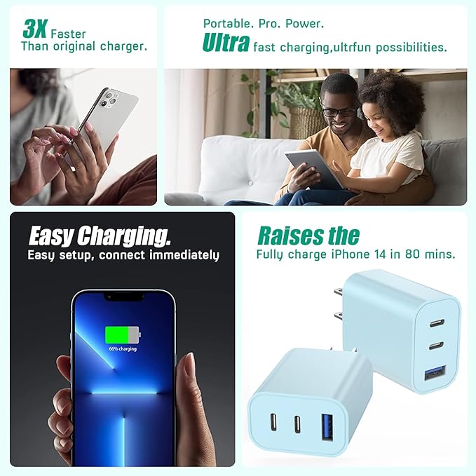 [2-Pack]iPhone 17 Charger Block,35W 3-Port Fast USB C Charger Block Wall Plug Multiport USB C Wall Charge Block for iPhone 17/17 Air/ 17 Pro/17 Pro Max/16/15/14/13/12, iPad Pro/iPad Air,iPad mini,iPad