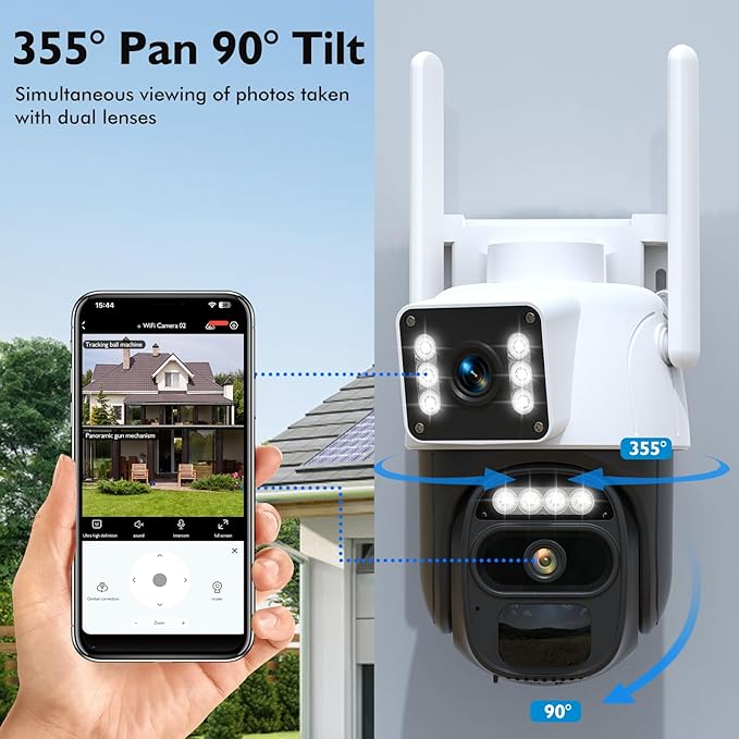 Hawkray Dual Lens Solar Security Camera Outdoor, 5G/2.4G Wireless Camera, 2K Resolution with 355° Pan/Tilt, Full Color Night Vision, Two-Way Audio, Motion Detection, Smart Alarms