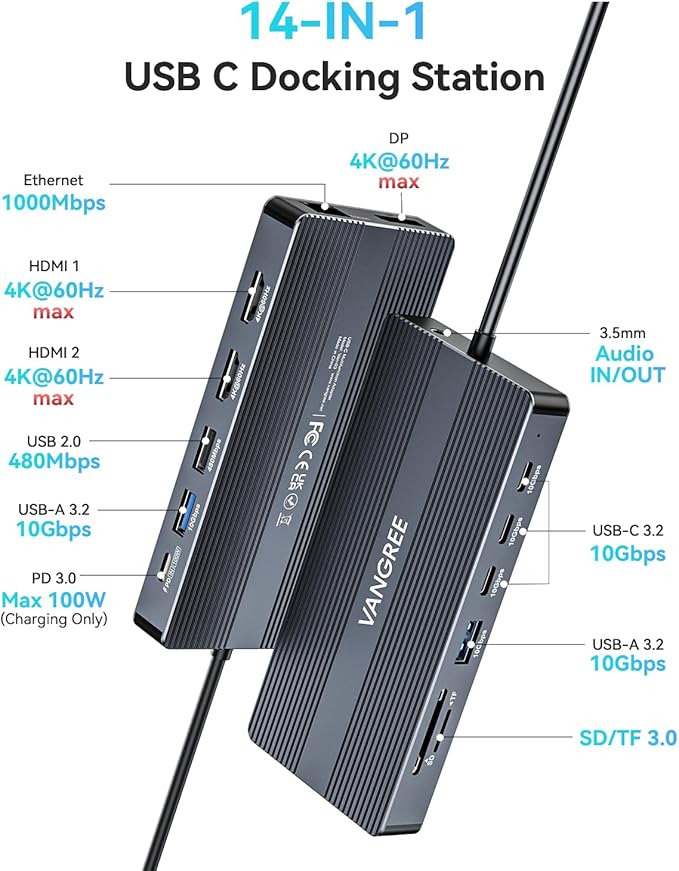 USB C Docking Station, 14 in 1 USB C Hub Multiport Adapter, Triple Display 3 Monitors with Dual 4K@60Hz HDMI+DP, 100W PD, 5xUSB A/C 10Gbps, Ethernet, SD/TF, Audio Ports for Laptop/Lenovo/Dell/HP