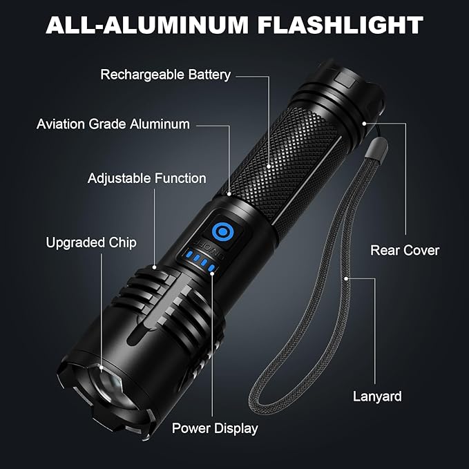 Rechargeable Flashlights High Lumens, 90,000 Lumens Super Bright Led Flashlights with USB Cable, Adjustable Powerful 5 Modes Waterproof Flashlight Handheld Flash Light for Home Camping