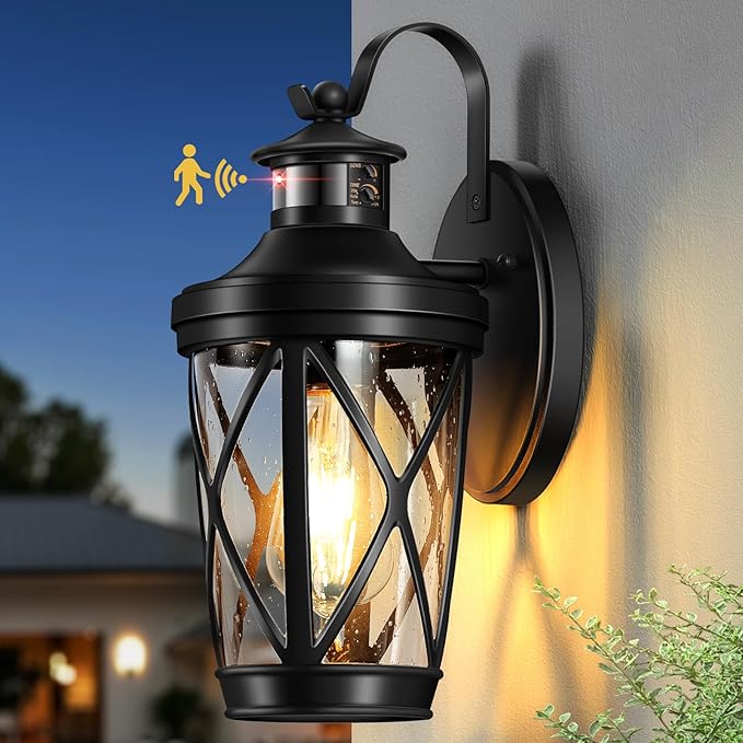 VIANIS Motion Sensor Outdoor Lights, Modern Patio Lights Outdoor Waterproof, Black Exterior Lighting Fixtures Lanterns for House, 100% Aluminum Outside Wall Mount Light Sconce for Garage, Porch, Coach