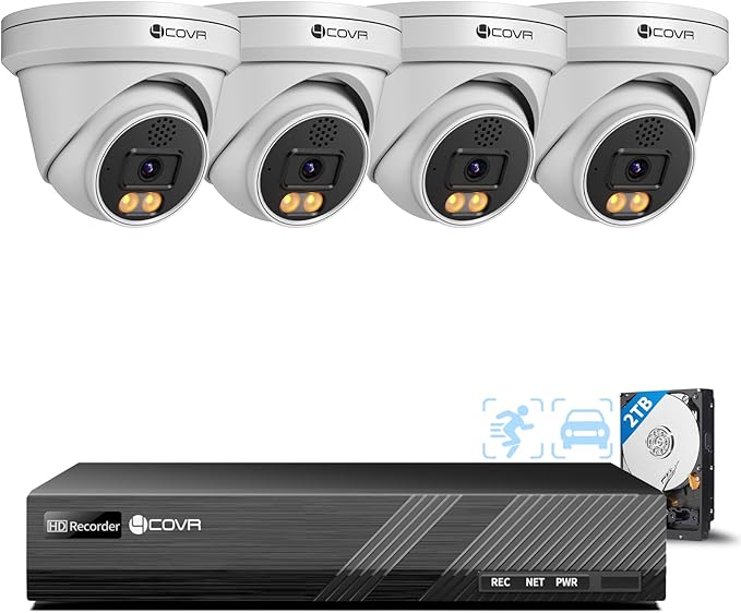 4COVR 12MP Security Camera System, 2-Way Audio, Person Vehicle Detection & Smart Dual Light Color Night Vision, 4X 12MP Dome PoE IP Camera IP67 Business, 8CH Ultra HD NVR with 4TB HDD, LY97KAAM0804
