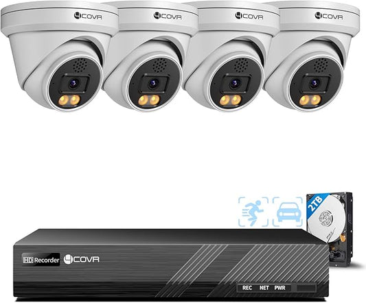 4COVR 12MP Security Camera System, 2-Way Audio, Person Vehicle Detection & Smart Dual Light Color Night Vision, 4X 12MP Dome PoE IP Camera IP67 Business, 8CH Ultra HD NVR with 4TB HDD, LY97KAAM0804